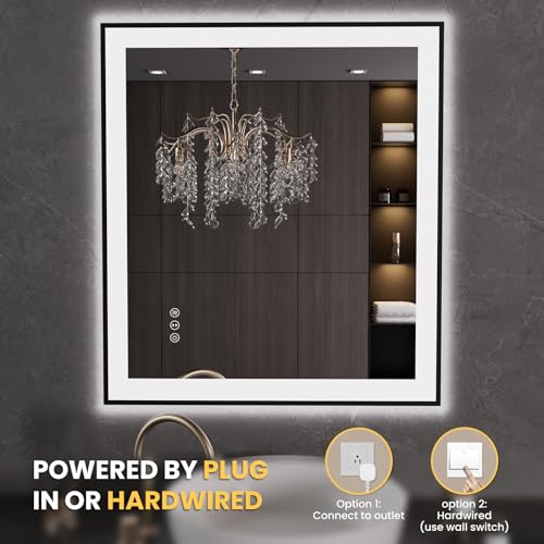 LOAAO 32"X36" LED Bathroom Mirror Black Framed | Anti-Fog, Dimmable, Memory Function, Tempered Glass, Lighted Vanity Mirror for Wall - size: 32"L x 36"W