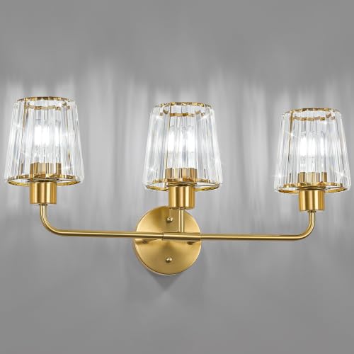 Brushed Gold Vanity Lights, 3-Light Crystal Bathroom Light Fixtures | Modern Bathroom Vanity Light E26 Wall Light over Mirror (Exclude Bulb) - color: Brushed Gold, size: 3-Light