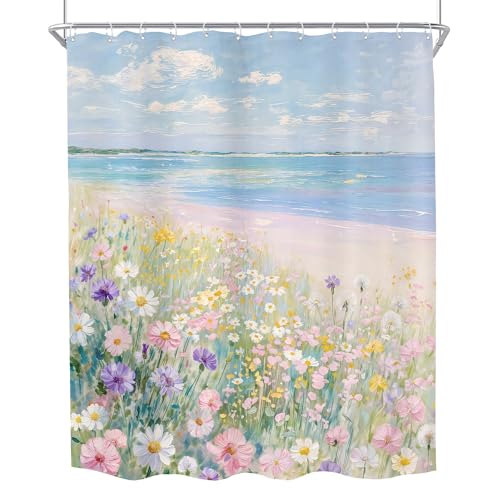 KOMLLEX Blue Ocean Beach Shower Curtain for Bathroom Decor 60Wx72H Inches Pink Ombre Oil Painting Botanical Coastal Aesthetic Wildflower Path Sea Waves Girly Fabric Waterproof Polyester 12 Pack Hooks - size: 60"W x 72"L (Pack of 1)