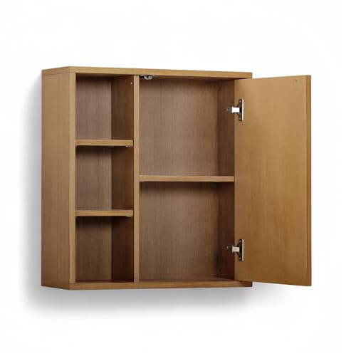 Teamson Home 22″ Wide Bathroom Wall Cabinet with Open Compartments & 1 Door with Fixed Interior Shelf, Wall Mounted Medicine Cabinet with Wooden Bracket for Mounting, Fluted Finish in Natural Tone | Open Compartments, 1 Door with Fixed Interior Shelf, Woo