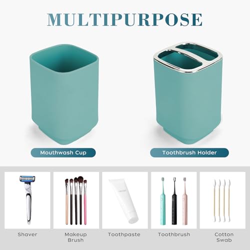 4Pcs Lake Blue Bathroom Set, Square Boho Soap & Toothbrush Holder Set | Thick shatterproof ABS, electroplated rust-proof pump, drip-free, multi-slot holder, dustproof lids, easy-clean - color: Lake Blue, size: 4PCS