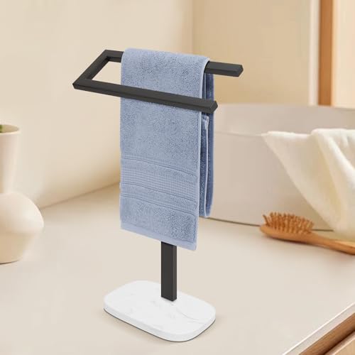 Livabber Standing Hand Towel Holder, 304 Stainless Steel Hand Towel Rack Stand with Heavy Marble Base, Bath Accessories, Towel Ring for Bathroom Kitchen Countertop, 14 Inch (Black) - color: Black