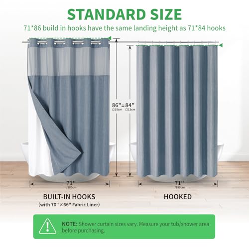 eachope No Hook Fabric Shower Curtain with Snap-in Liner,71x86 Blue Grey | Extra Long,Linen Texture,230GSM Thick Fabric,Mesh Window,Bottom Magnetic,Waterproof & Machine Washable,for Bathroom,Hotel Use - color: Blue Grey, size: 71"W x 86"L (Pack of 1)