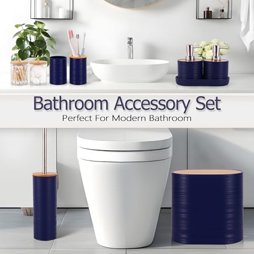 25 PCS Navyblue Bathroom Accessories Set丨Shower Curtain Bathroom Accessory | All-in-One Kit with Shower Curtain,rug,Trash Can,Toothbrush Holder,Toilet BrushSoap Dispenser,Toothbrush Cup,etc for Home - color: Navy Blue