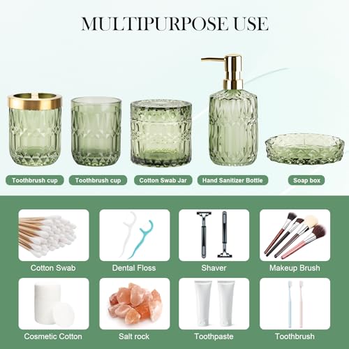 Bathroom Accessory Set 5 Pcs, Glass Bathroom Set Include Soap Dish, Toothbrush Holder, Mousewash Cup, Soap Dispenser, Cotton Swab Jar, Green - color: Green, style: 5 Pack