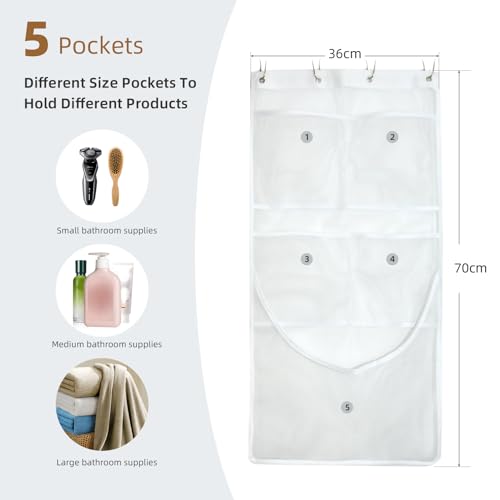 2PCS Mesh Shower Organizer Hanging,Shower Curtain Liner Pockets Hanging with Pockets Quick Dry Cruise RV Camper Bathroom Organizer with Shower Curtain Hooks - size: 2 Pack | White