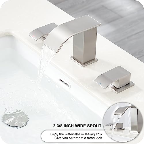 GAGALIFE 8 Inch Waterfall Bathroom Faucets 3 Hole - Brushed Nickel Widespread Bathroom Faucet with Pop-up Drain, Two Handles Bathroom Sink Faucet, Modern Vanity Sink faucets with Supply Lines - color: Brushed Nickel, style: With Drain