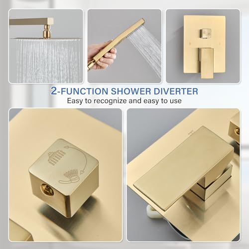 Shower Faucet Rain Shower System with 8 Inches Rainfall Shower Head and Handheld Spray Combo Bathroom Shower Faucet Set Complete Brushed Gold Shower Valve and Trim Kit Wall Mounted - color: Brushed Gold, size: Brushed Gold-8''