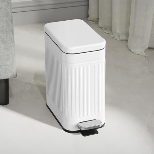 TrashAid 2.6 Gallons Small Bathroom Trash Can with Soft Close Lid, White | Removable Inner Bucket, Odor Control, Fingerprint-Resistant, Slim Stainless Steel Garbage Can for Bedroom/Office/Laundry