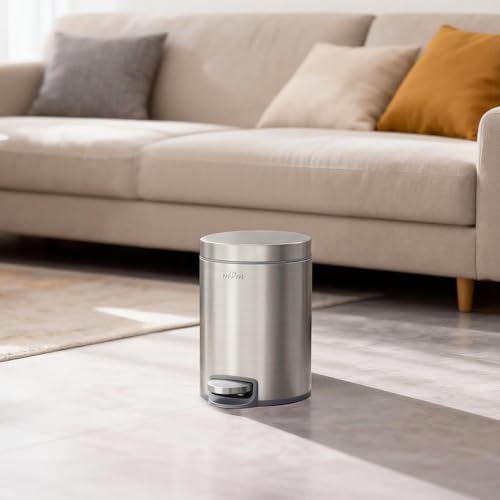 mVm Small Trash Can,1.3 Gallon/5 Lliter Step Bathroom Trash Can with Lid and Foot Pedal,Anti-Fingerprint,Soft-Close.Round Brushed Stainless Steel Garbage Can for Bathroom,Office,Living Room (Silver) - color: Silver, size: 1.3Gal/5L