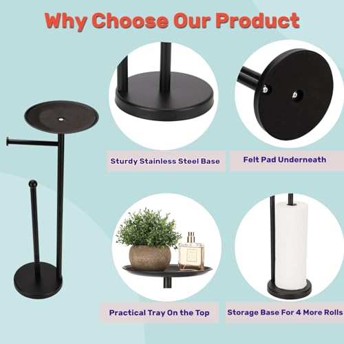 Black Toilet Paper Holder Stand, Freestanding Toilet Paper Holder with Shelf for Small Items, Toilet Paper Stand with Storage Space for 4 Extra Toilet Paper Rolls - color: Black Matte