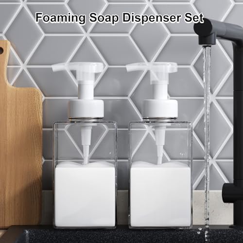 Kzeirm Foaming Soap Dispenser for Bathroom & Kitchen 15 Oz, Refillable Foam Hand Soap Dispenser for Liquid Soap, 2Pcs Foam Pump Bottle with Waterproof Labels, Clear - color: Clear
