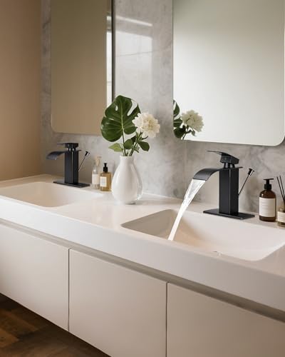 Black Waterfall Bathroom Faucet Single Handle with Lift Rod Drain | Bathroom Sink Faucet,Stainless Steel,supply hoses Deck included,1 or 3 Hole,Fits home,RV,farmhouse bathrooms - color: A-Matte Black, style: with Lift Rod Drain