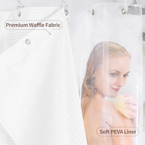 QiyI 3 in 1 Waffle Shower Curtain Set with Liner, White, 72 x 78 | Shower Curtain and Liner Set with Hooks, Waterproof Bathroom Curtain with PEVA Liner & 12 Double Sided Clear Plastic Rings - color: White, size: 72"W x 78"L (Pack of 1)