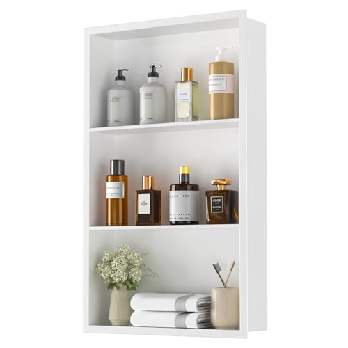 14x24 Recessed Medicine Cabinet, Bathroom Wall Cabinet, 304 Stainless Steel Recessed Wall Niche with 3-Tiers Shelves, Matte White - color: Matte White, size: 14'' x 24''