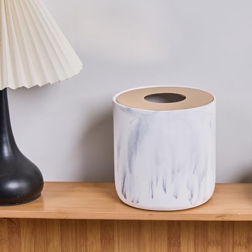 White Marble Textural Mini Trash Can with Rose Gold Stainless Steel Lid, Small Countertop Trash Can for Bathroom Kitchen,Desk Trash Can,Table top Mini Garbage Cans,Resin Tiny Waste Basket for Vanity - color: Marble White