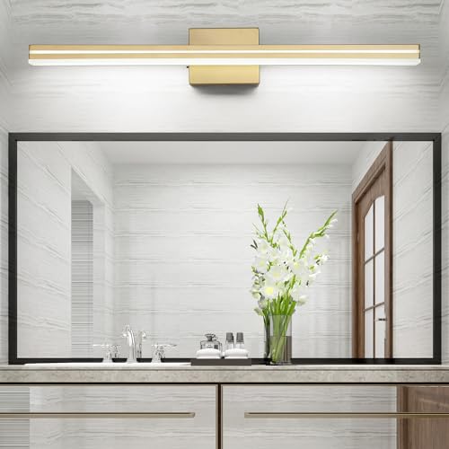 SineRise LED Modern Bathroom Vanity Light Fixtures (32-Inch, 3000K/4000K/6000K, Dimmable), Gold Modern Acrylic Bathroom Wall Lighting Fixtures Over Mirror - color: Gold, size: 32-Inch