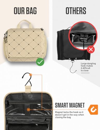 VENTURE 4TH Hanging Travel Toiletry Bag, 17 Compartments - Beige Diamonds | Hangs on rails, hooks or doors; stands upright too. Removable TSA pouch. Water-resistant 900D Nylon, reinforced stitching. - color: Beige Diamond