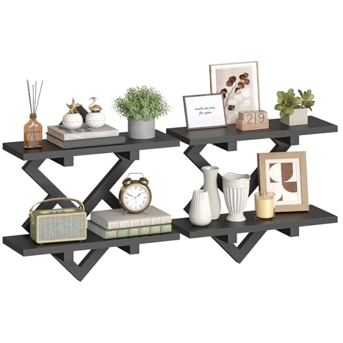 HOOBRO 15" Floating Shelves for Wall, Set of 2 Wall Shelf, 2-Tier Hanging Shelves, Wall Mounted Storage Shelf, Display Rack, for Living Room Bedroom Kitchen Bathroom, Black BB14BJP201 - color: Black
