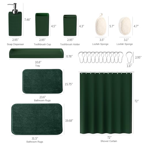 Green Bathroom Set, Dark Green Bathroom Accessories Set with Shower Curtain and No-Slip Bath Rugs, Natural Loofah Sponge, Soap Dispenser, Toothbrush Holder, Bathroom Tumbler and Tray for Bathroom - size: Bath Set+Shower Curtain+Bath Rugs+2PCS Loofah, styl