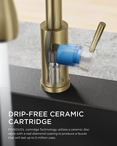 FORIOUS Kitchen Faucet with Soap Dispenser, Pull Down Sprayer, Brushed Gold | High Arc Single Handle, Lead-Free Stainless Steel, 3 mode Sprayer, Classic Bar Sink Faucet for Outdoor Rv Laundry Camper - color: Gold, style: Classic
