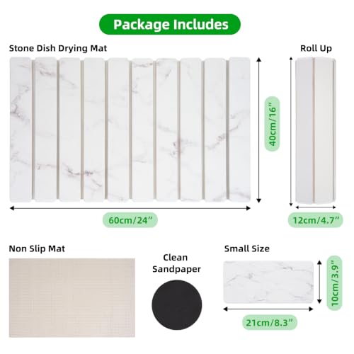 Large Stone Dish Drying Mat for Kitchen Counter, 24"×16" Foldable Quick Drying Mat, Absorbent Diatomaceous Earth Drying Mat for Bottles Cups Dishes, Match Any Countertop (White Marble, 24" x 16") - color: White Marble