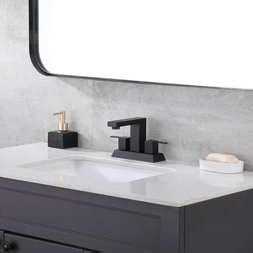 Friho Matte Black Bathroom Sink Faucet, 4 inch Bathroom Faucets for Sink 3 Hole with Water Hoses and Pop up Drain,Stainless Steel 2-Handle Centerset Bathroom Faucet for Vanity RV Restroom, FR2DST201B - color: Black