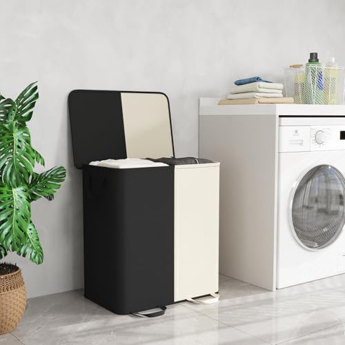 Lifewit Double Laundry Hamper with Lid and Removable Laundry Bags, Large Collapsible 2 Dividers Dirty Clothes Basket with Handles for Bedroom Laundry Room Closet Bathroom College, 155L White&Black - color: White&black, size: 155L