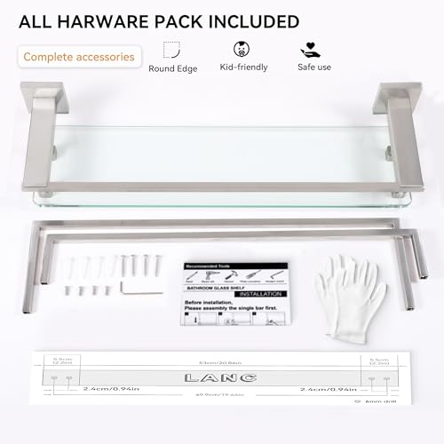 LANC Bathroom Shelves - 20 Inch Floating Tempered Glass Shelf with 2 Towel Rails for Modern Shower Bath Storage - Wall Mounted Stainless Steel Brushed Nickel, A7617BN - color: Brushed Nickel