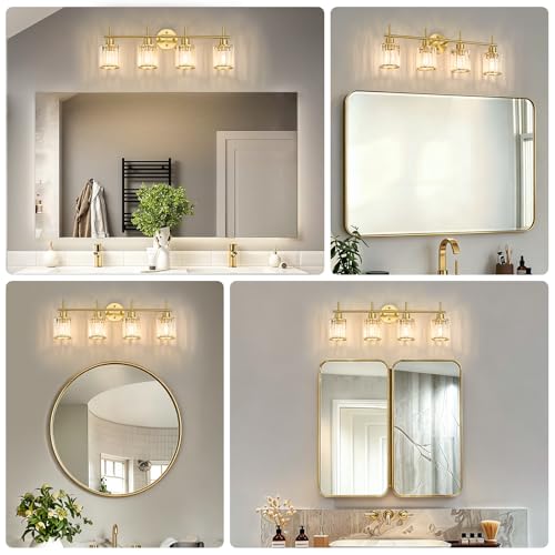 Brushed Gold Bathroom Light Fixtures, Round, 3-Light | Vanity Lights with Crystal Shades, Modern Bathroom Lighting Fixtures over Mirror (Bulbs Not Included, E26) - color: Brushed Gold (Round), size: 4-Light