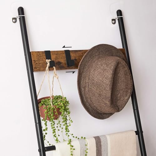 VASAGLE Blanket Ladder, 5-Tier Ladder Shelf, Decorative Ladder with 4 Removable Hooks, Metal Frame, Industrial Style, Rustic Brown and Black ULLS016B01