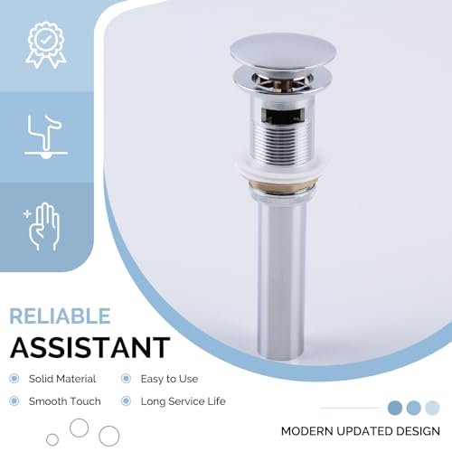 Angle Simple Bathroom Sink Drain, Pop Up Stopper with Overflow Hole, Chrome | Brass Sink Stopper with Stainless Steel Tailpiece, Fit 1.61 to 2 Inches Diameter of Drain Hole - color: Chrome
