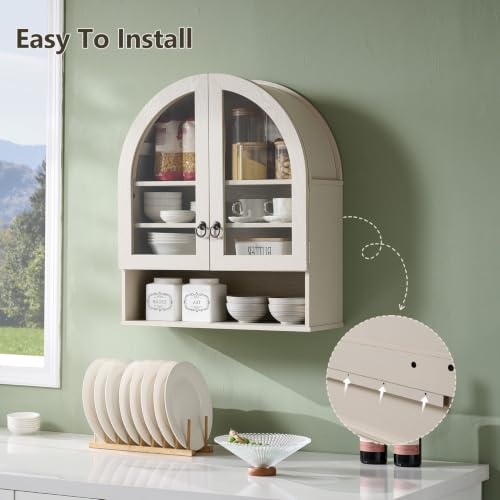 IFGET Bathroom Arched Wall Cabinet, 23.6'' Wide Medicine Cabinet with Adjustable Shelves & Acrylic Glass Doors, Over The Toilet Storage Wall Mount Cabinet for Laundry Room,Kitchen & Living Room, Cream - color: Cream