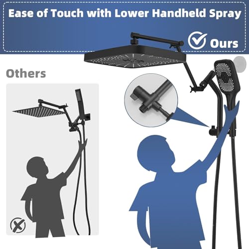 14" High Pressure Rain/Rainfall Shower Heads With Handheld Spray Combo (3+1 Settings & Built-in Power Wash Mode), Double/Dual Shower Head With Handheld - Height/Angle Adjustable(Matte Black) - color: Matte Black, size: 14 Inch