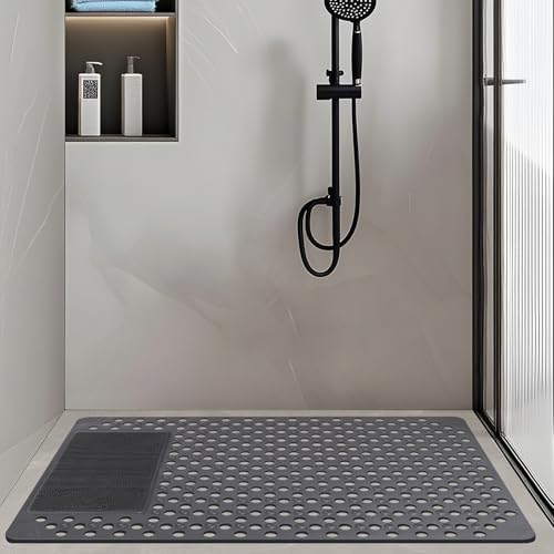 Shower Mat Non Slip: 35.4" x 23.6" Large PVC Heavy Shower Mats for Inside Shower - Quick Dry Shower Foot Scrubber Matt with Drain Hole and Suction Cups for Elderly - color: Grey