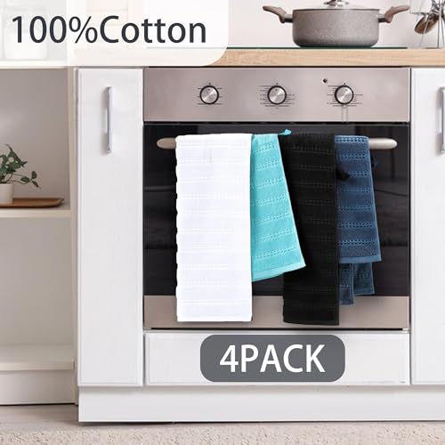 VOOVA & MOVAS Hand Towels 4PC,13"x30", 100% Cotton,White & Black | Waffle Weave Fabric, Soft Lightweight & Absorbing, Quick Dry & Non-fading, Unshrinkable - color: Black + White