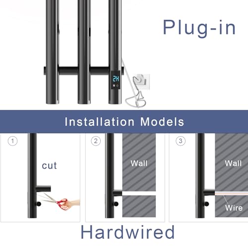 Electric Heated Towel Rack with Timer, Wall-Mounted Towel Warmer, 3 Vertical Bars, Plug-in or Hardwired, 37.4 Inch Height, Round Design (Black) - color: Black
