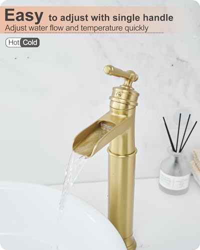 Gold Vessel Sink Faucet, Brass Waterfall Tall Faucet for Bathroom Sink 1 Hole with Single Handle, Pop-up Drain & cUPC Water Hoses for Antique Bowl Basin Save Water - color: Brushed Gold - Elegant