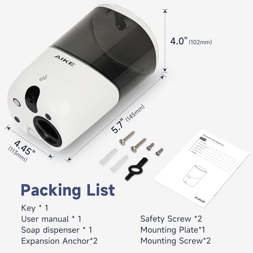 AIKE Liquid Automatic Soap Dispenser,Power by 4*AA Batteries for Bathroom | 5-level adjustable for Home and Small Business(Batteries Not Included),No-Drill and Screw Wall Mount for Space-Saving,AK1216 - color: White
