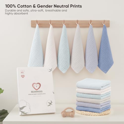 Bearmoss 12 Pack Baby Muslin Washcloths, 100% Cotton 10"x10" Face Towels | Soft Absorbent Bath Wash Cloths and Burp Cloths for Newborn Infants Kids Girls & Boys (Blue Gray) - color: Blue Gray