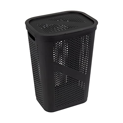 Mind Reader Slim Laundry Hamper with Lid, 60L Clothes Basket, Ventilated Plastic, Black - color: Black, size: Single