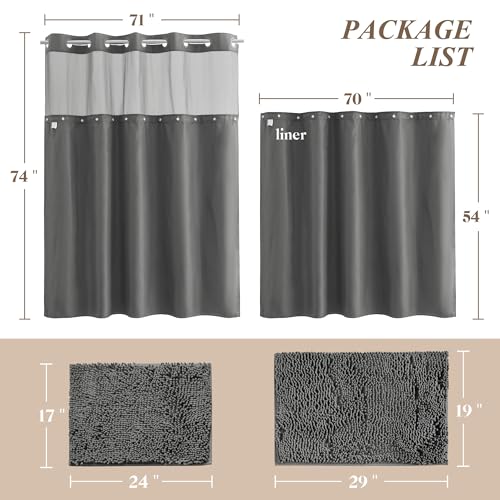 Barossa Design 3 Pcs 71x74 No Hook Shower Curtain Set with Rugs Grey | Mesh Window Top, 17Wx24L plus 19Wx29L Chenille Non-Slip Bath Mat, Snap-in Liner - color: Grey