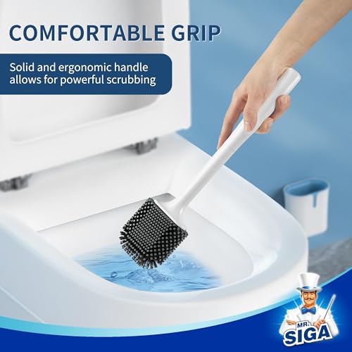 MR.SIGA Toilet Brush and Holder Wall Mounted, White, 1 Pack | Compact space saving toilet cleaner brush, scratch free thermoplastic rubber head, easy to clean and dry quickly - color: White