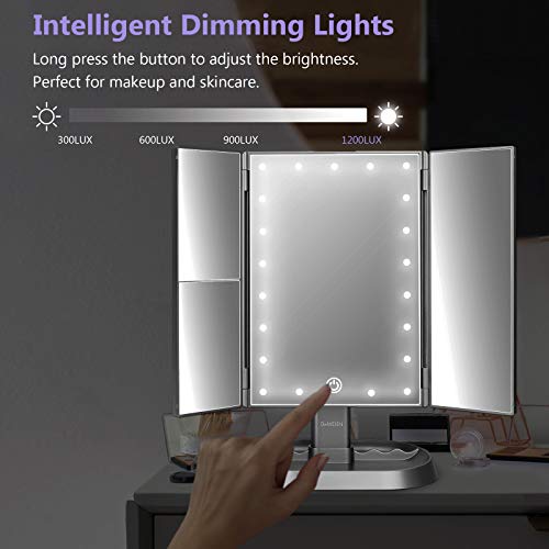 Trifold Lighted Vanity Makeup Mirror with 21 LED Lights,1/2/3 Magnification and Dimming,Two Power Supplies Makeup Mirror,Gift for Women - color: Silver