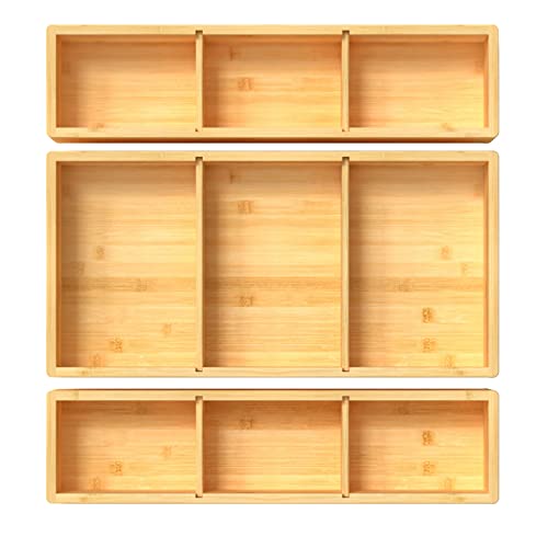 DUJEN Bamboo Drawer Organizer 12.5'' X 12.5'' X 2'', Adjustable 3 Individual Junk Drawer organizer for Bathroom and Kitchen, Wood Drawer Tea Organier Boxes for Silverware, Make up and Tea Bag - size: 1 piece 12.5X6.2 & 2 pieces 12.5X3.1