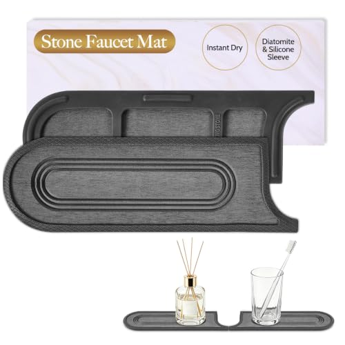 Faucet Mat for Kitchen Sink with Airflow Silicone Sleeve, Instant-Dry Diatomaceous Stone Sink Protector Tray Around Faucet for Kitchen, Bathroom, RV (Black Circle, 23.2" x 3.9" x 0.47") - color: Grey Circle - Dark Grey Silicone Edge