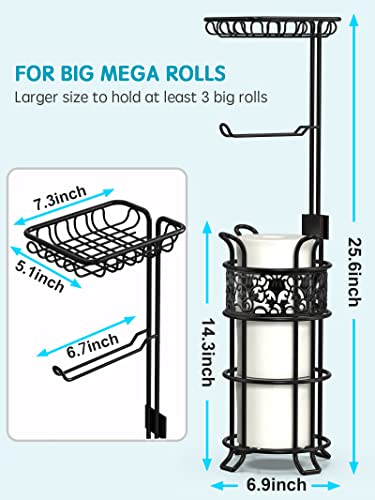 Toilet Paper Holder Stand with Shelf, Free Standing Toilet Paper Roll Dispenser Holds 3 Big Rolls of Jumbo Mega Paper, for RV Bathroom, Floral Pattern, Black - color: Black