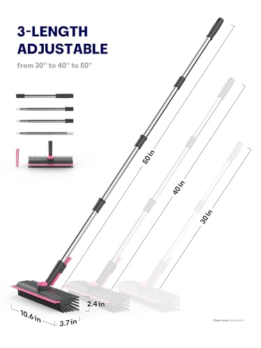3 in 1 Floor Scrub Brush with Long Handle, Deck Brush with Squeegee | Stiff Dual-side Bristle, 360° Swivel Head with Tweezer, for Tile Wall Deck Bathroom Patio Garage Pool Kitchen (Pink and Gray) - color: Pink and Grey