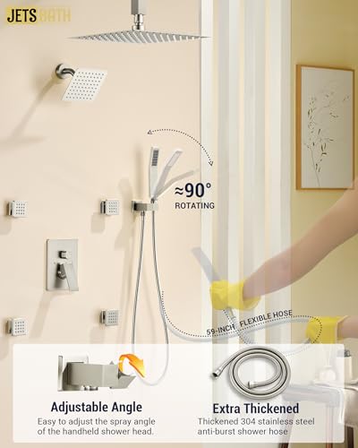 Dual Rainfall Shower Head System with 4 Body Jets, JetsBath Shower Faucet Set Double Shower Head 6-Inch Shower Head & 12” Rain Shower, Luxury Brushed Nickel Shower Faucet Set Tandem Shower Head System - color: Brushed Nickel