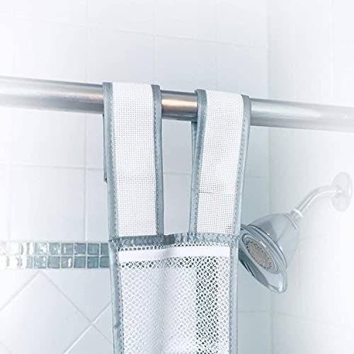 Skywin Hanging Mesh Shower Caddy, 7 Pockets, Quick Dry, 60 x 6 In - White | 60 x 6 In, Shower Organizer for Rod or Door, Portable for RV Dorm Cruise Camping, Velcro Strap, Polyester, Foldable